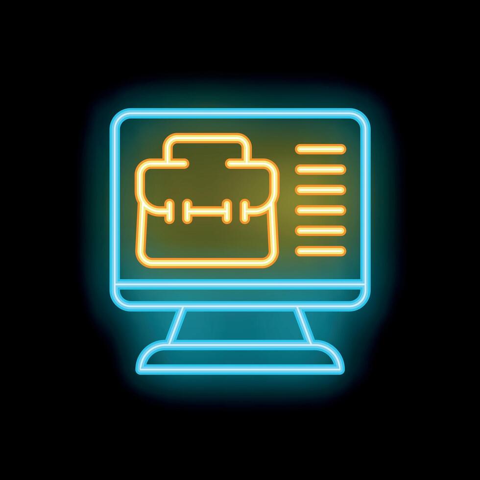 Neon icon of computer displaying a work portfolio on black background vector
