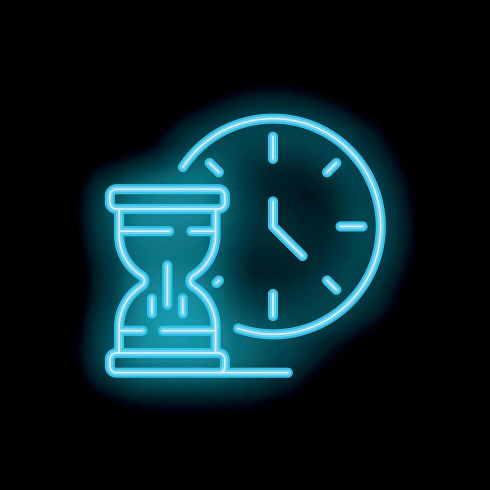 Neon sign of hourglass showing time passing with clock vector
