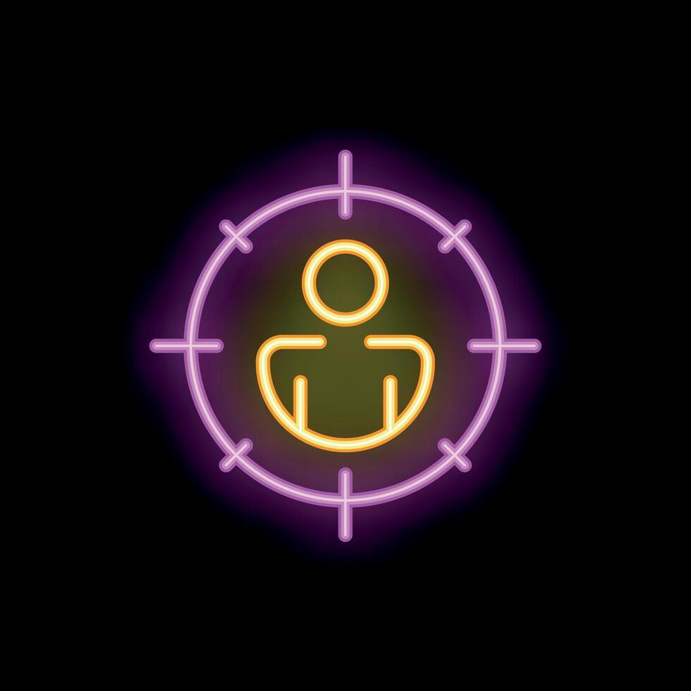 Neon icon of customer targeting with crosshair on black background vector