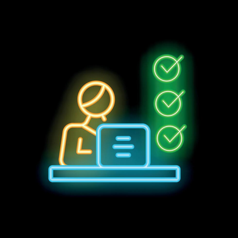 Businessman working on laptop completing tasks neon sign vector