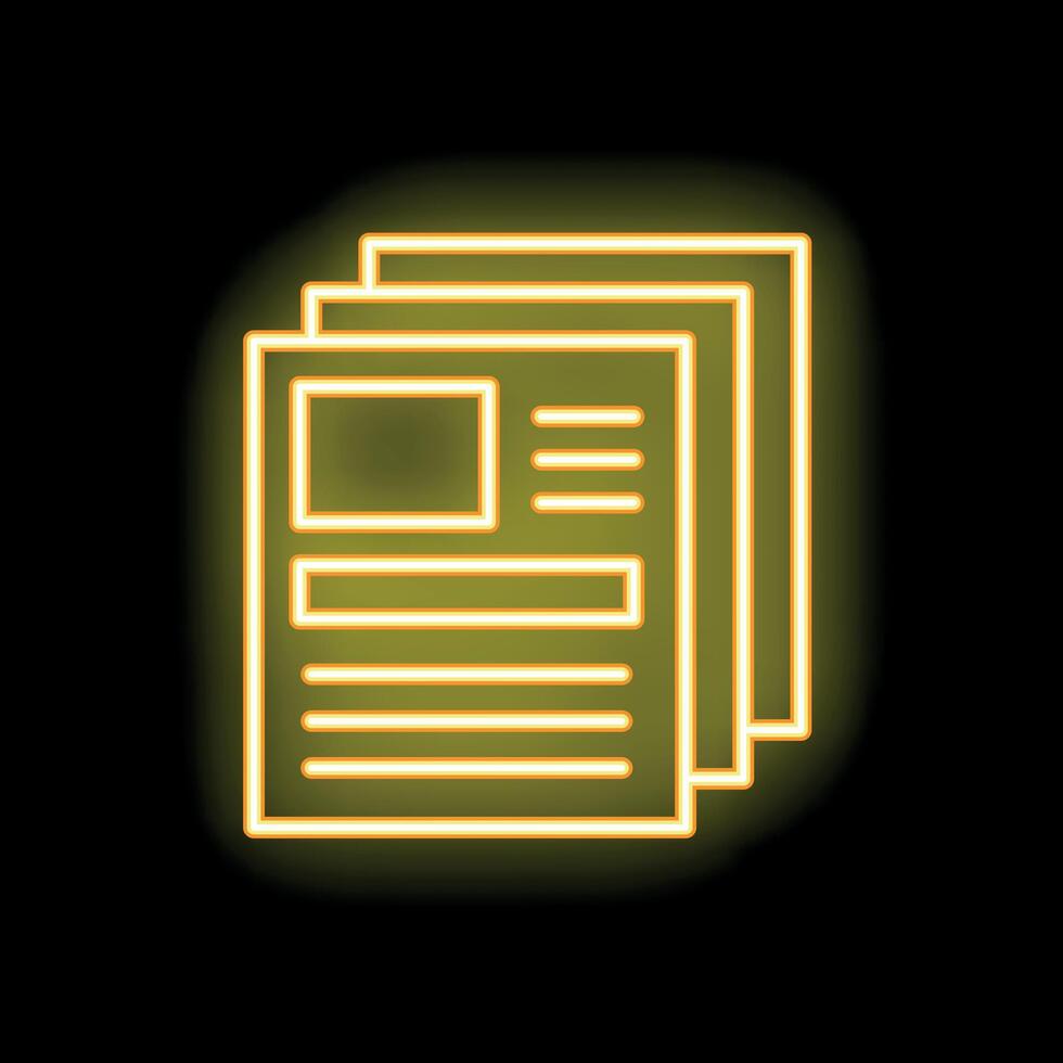 Yellow neon sign showing stack of documents on black background vector
