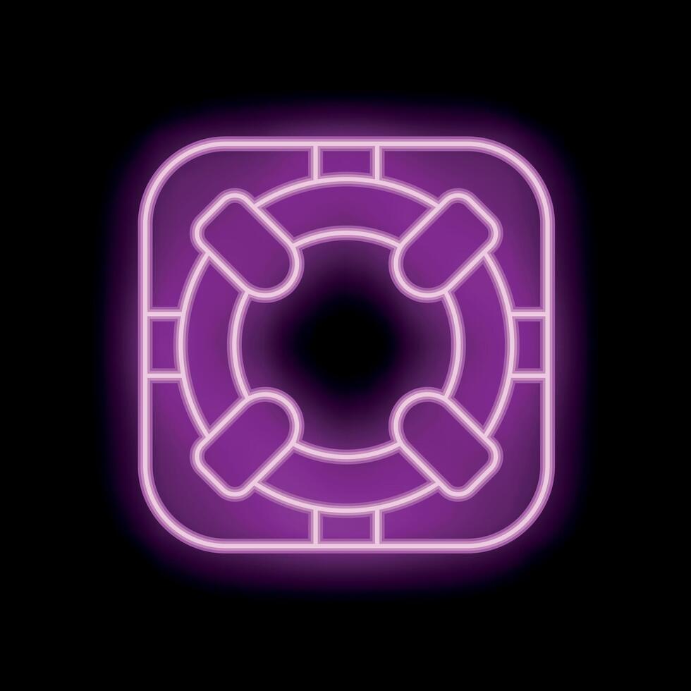 Neon sign of lifebuoy in square frame glowing on black background vector
