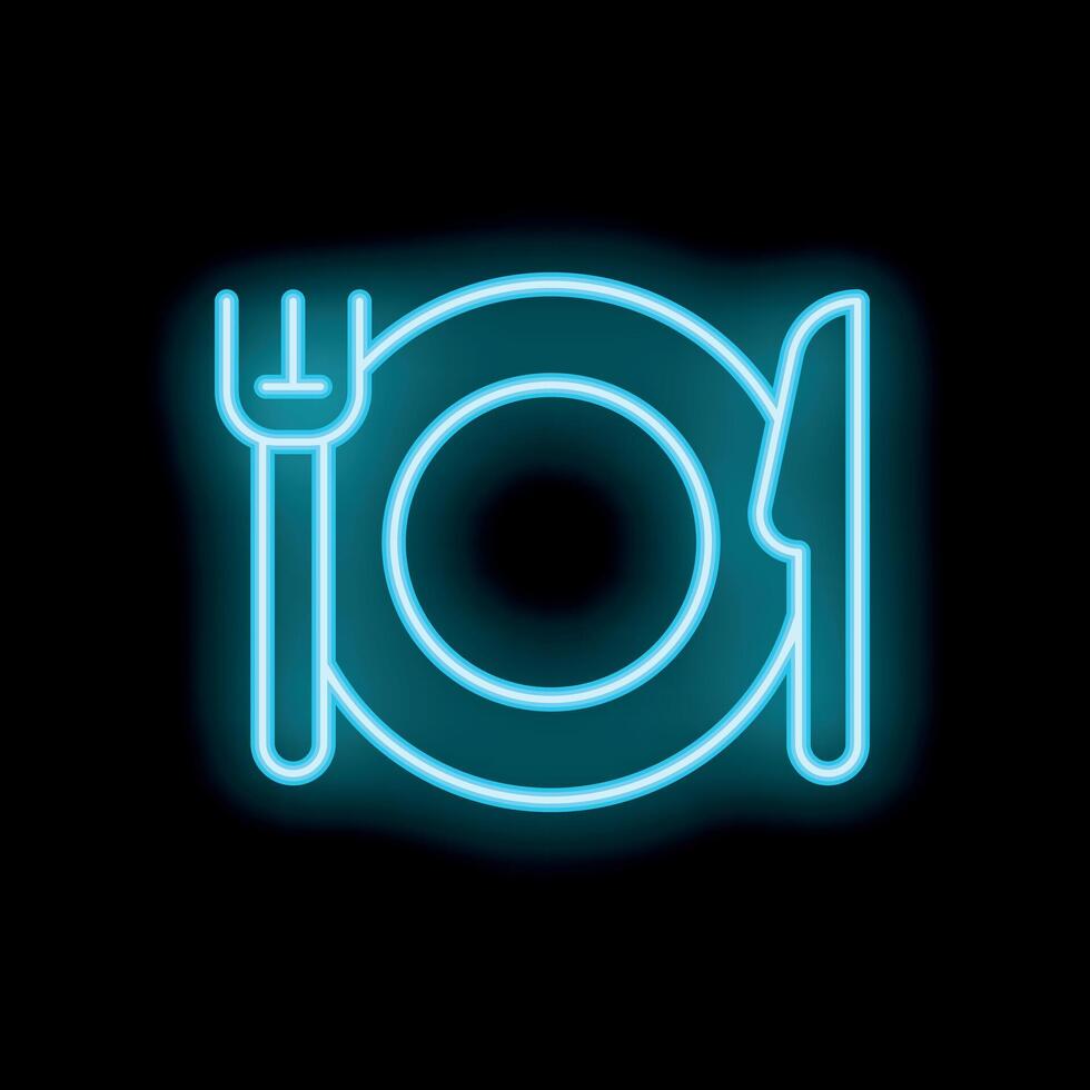 Blue neon sign showing fork plate and knife on black background vector