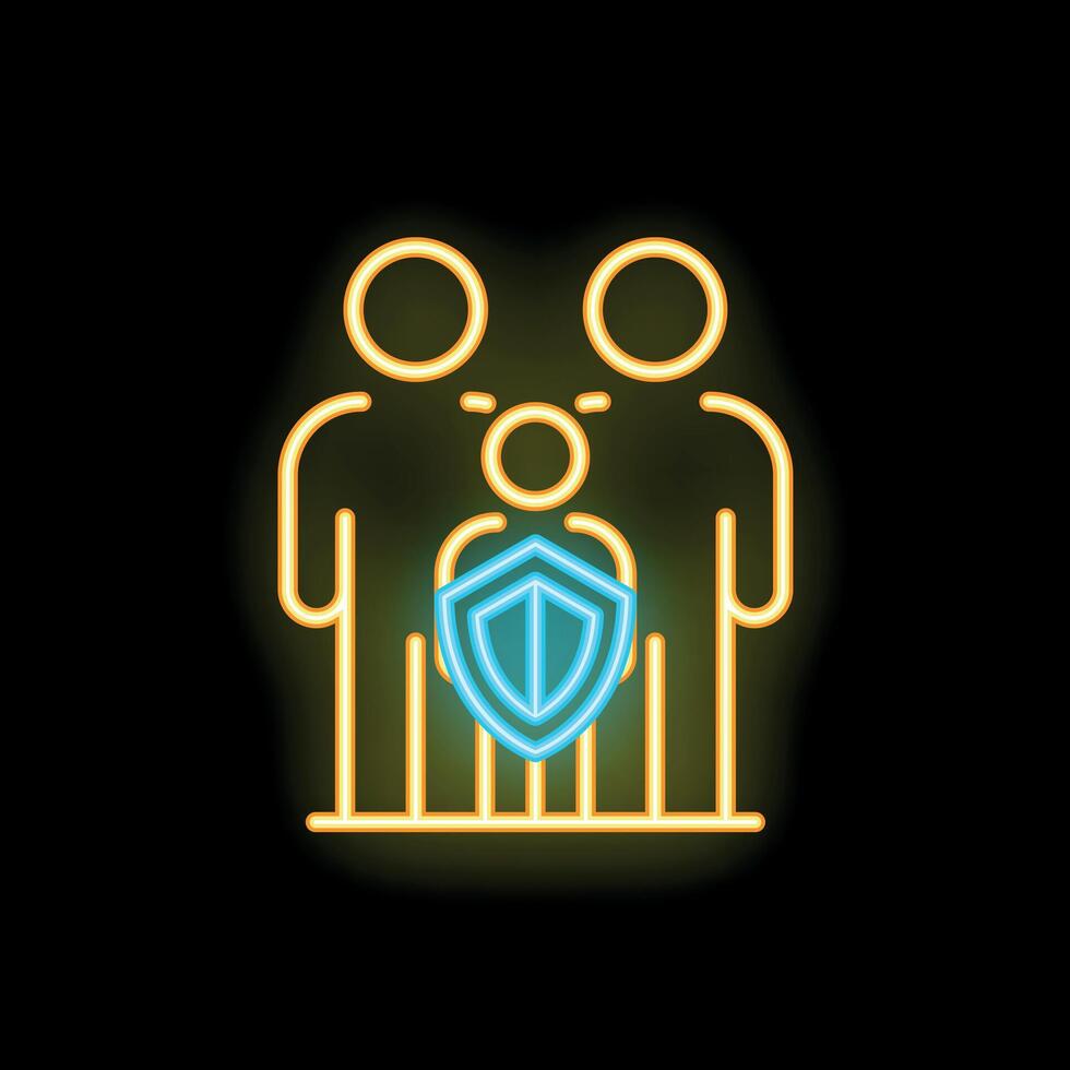Neon icon of family protecting child with shield vector