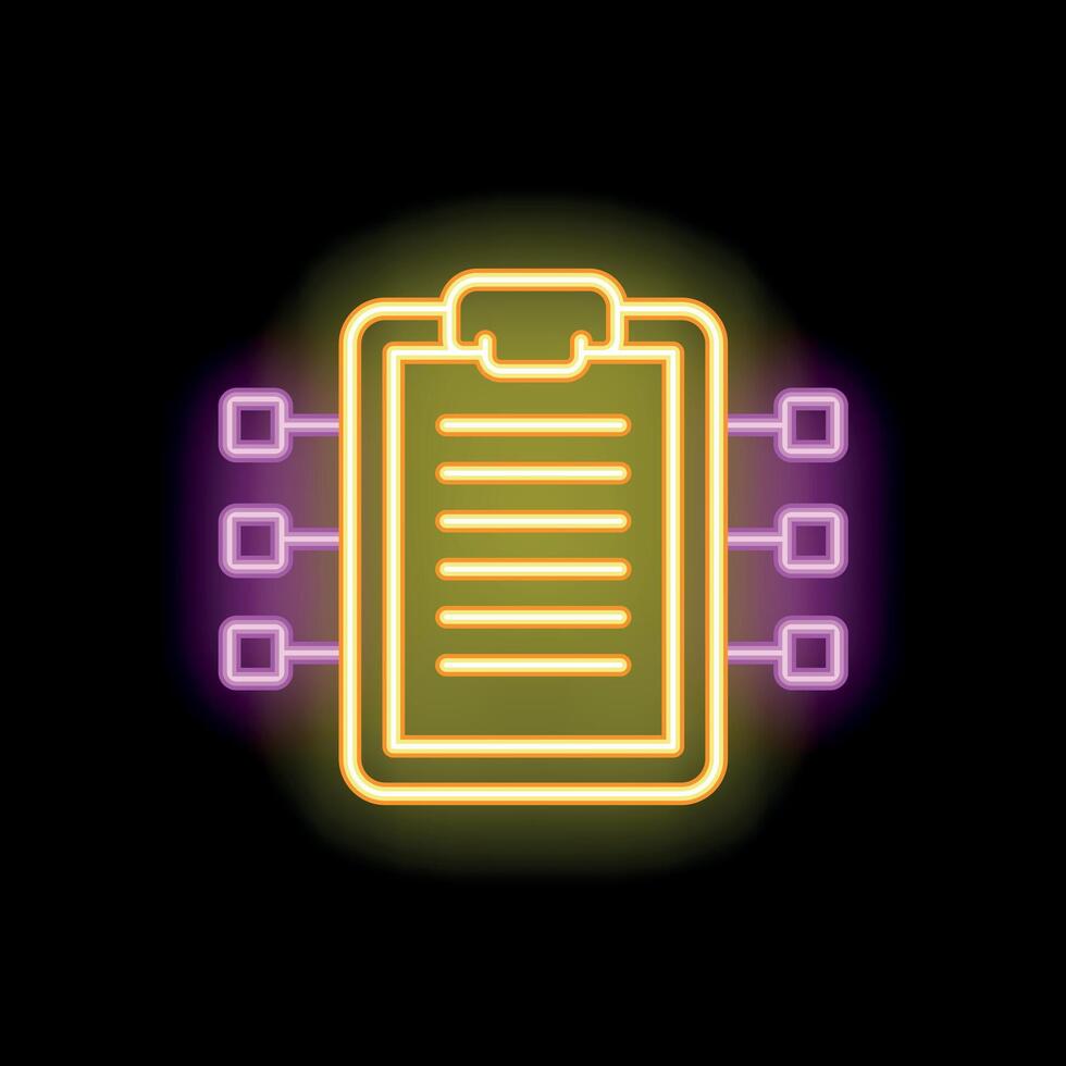 Neon icon of clipboard representing data processing and analysis vector