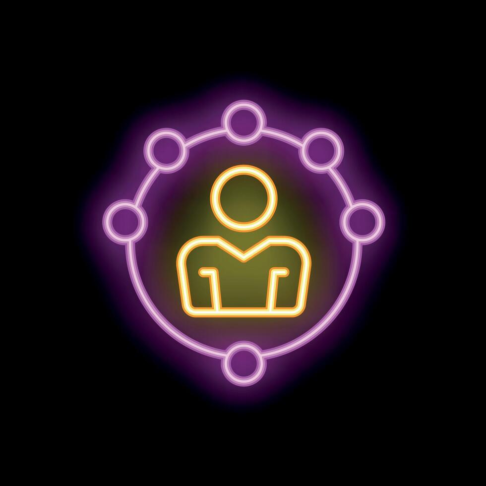 Neon icon of a person surrounded by connection points representing social network or business team vector