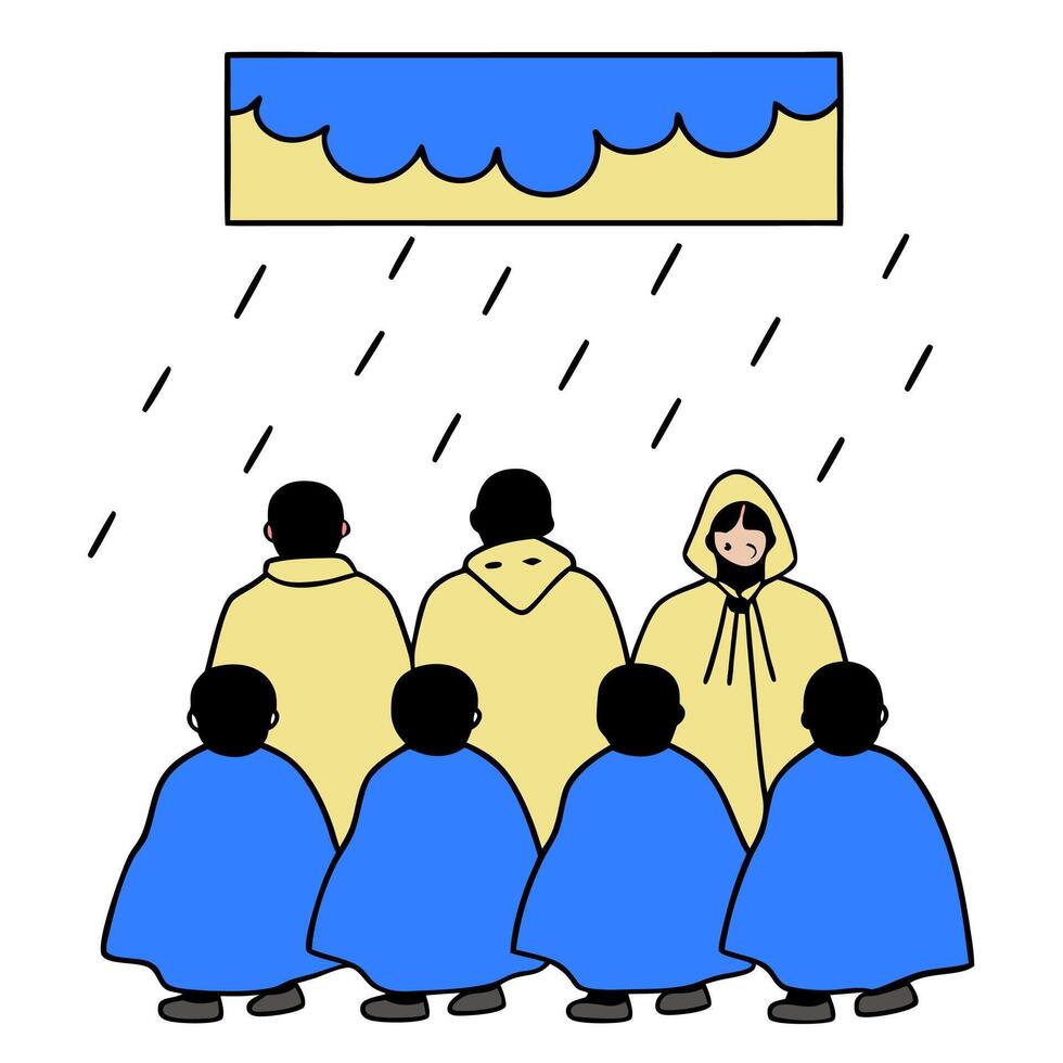A group of people in raincoats standing under a blue umbrella vector