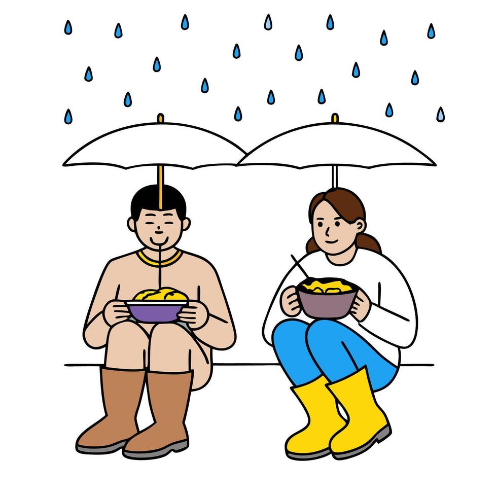 A man and woman sitting under umbrellas eating food vector