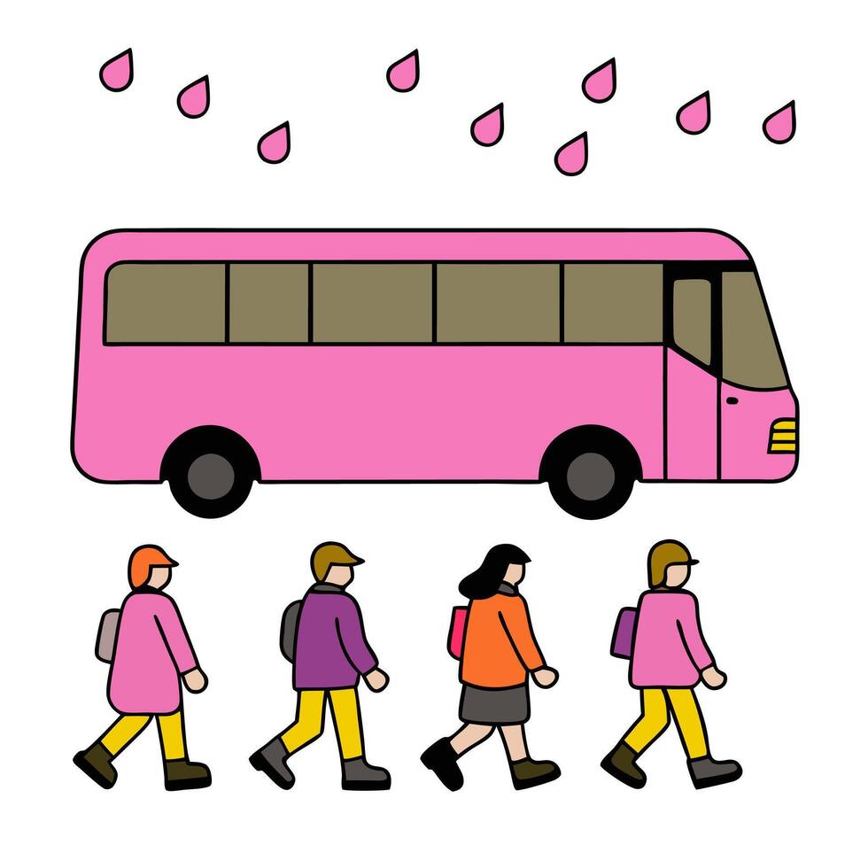 A group of people walking in front of a pink bus vector