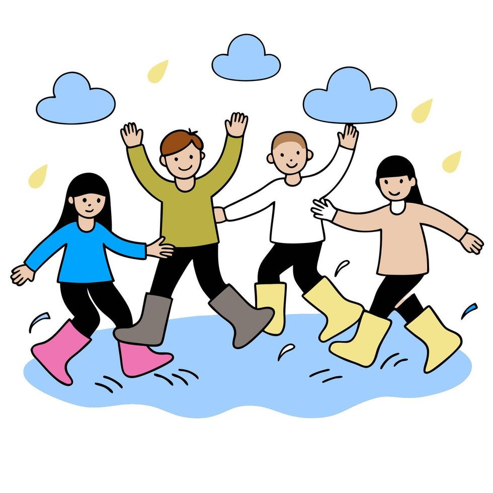 Four children are jumping in the rain vector