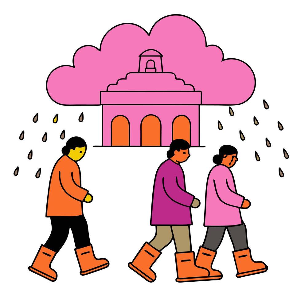 Illustration of people walking in the rain vector