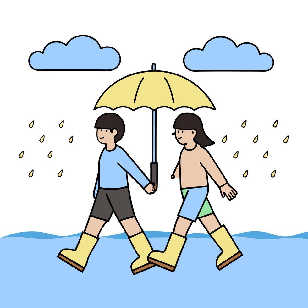 Two people walking under an umbrella in the rain vector