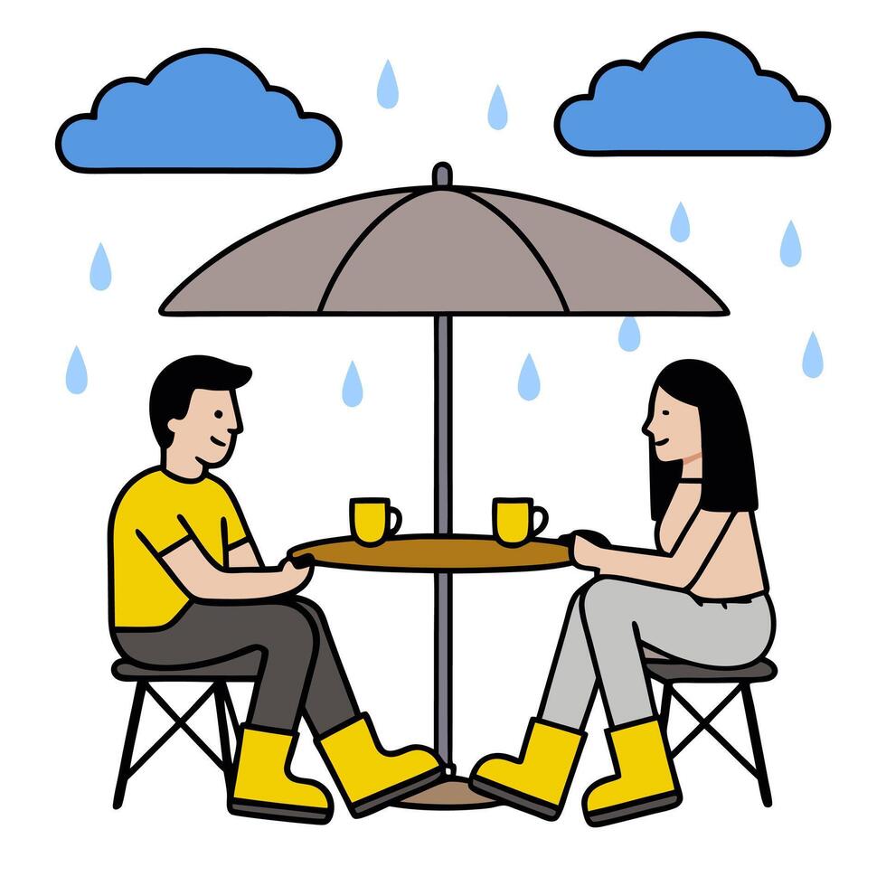 Couple sitting under umbrella in rain vector