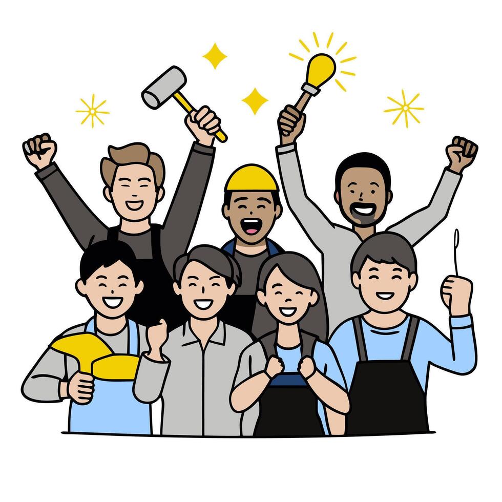 A group of people holding up a hammer and a light bulb vector