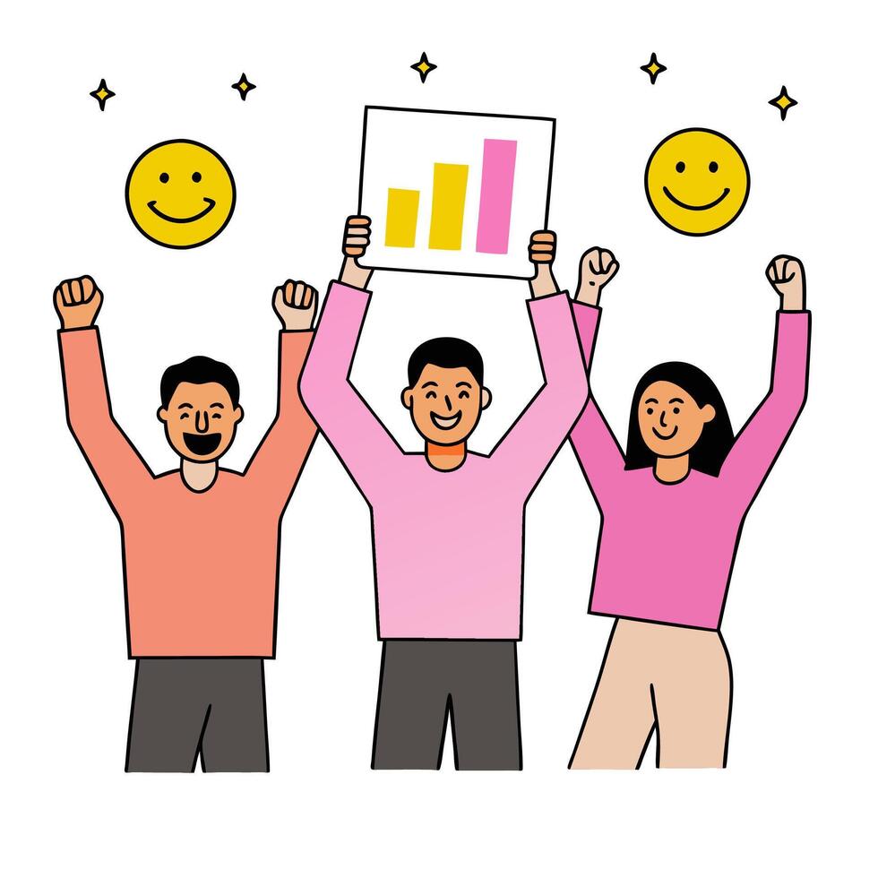 Three people holding up a chart with smiley faces vector