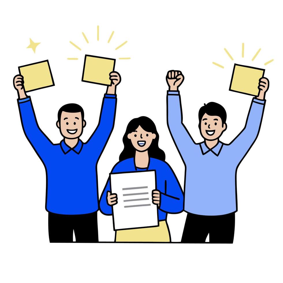 People with Glowing Evaluation Forms and Joyful Faces concept as A group of people holding glowing evaluation forms with joyful faces set against a fantastical b vector