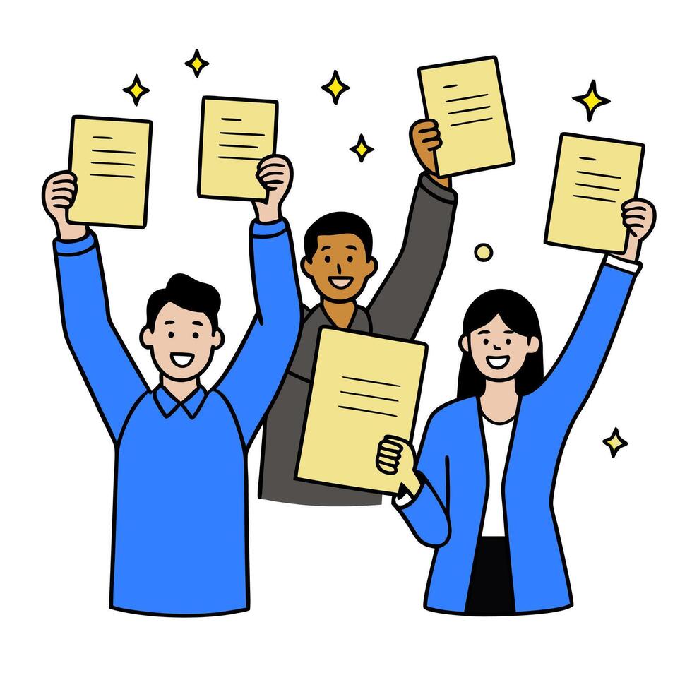 People with Glowing Evaluation Forms and Joyful Faces concept as A group of people holding glowing evaluation forms with joyful faces set against a fantastical b vector