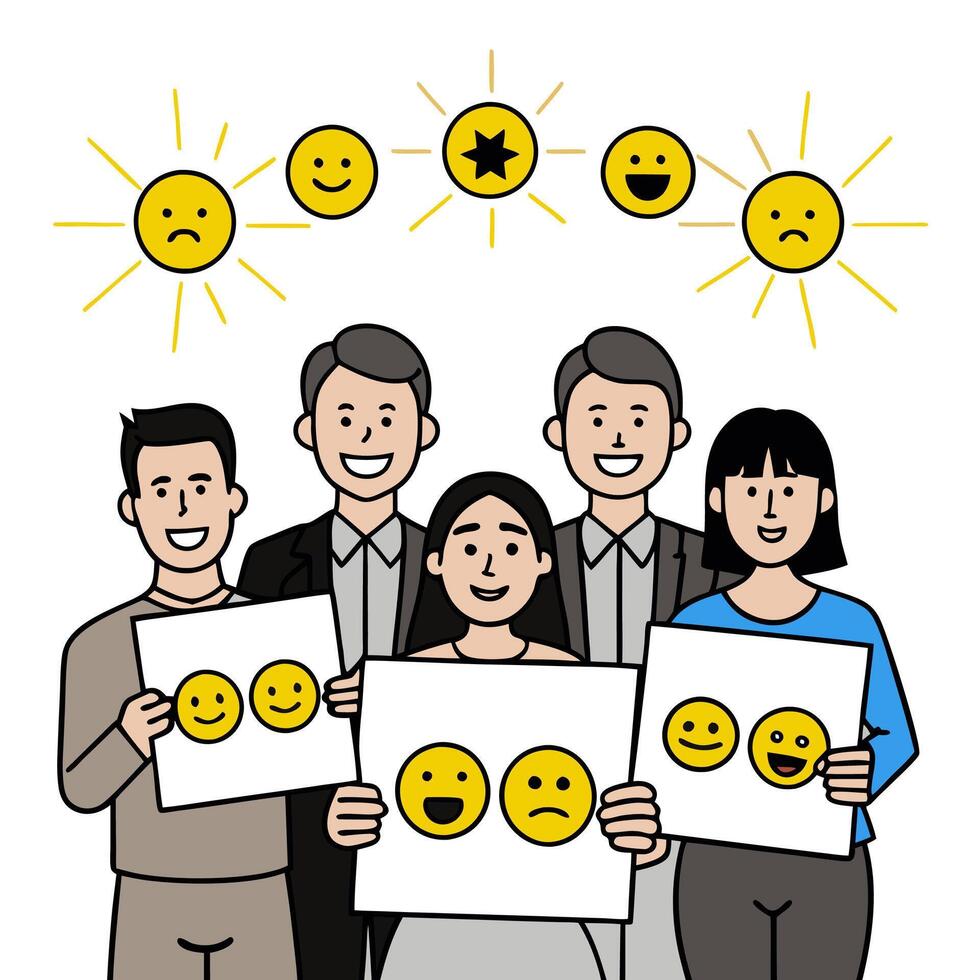 People with Glowing Evaluation Forms and Joyful Faces concept as A group of people holding glowing evaluation forms with joyful faces set against a fantastical b vector