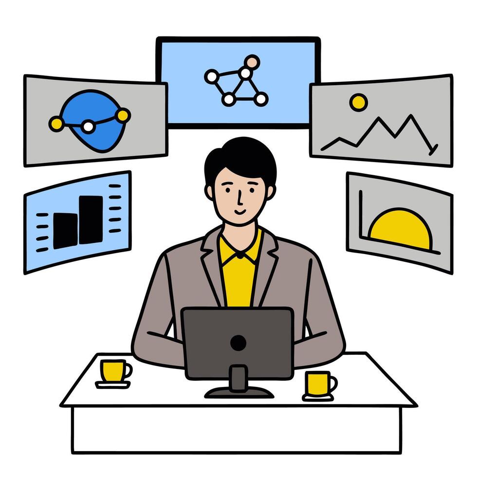Data analyst using machine learning for social media predictions concept as A data analyst in a tech lab using machine learning for social media predictions on m vector