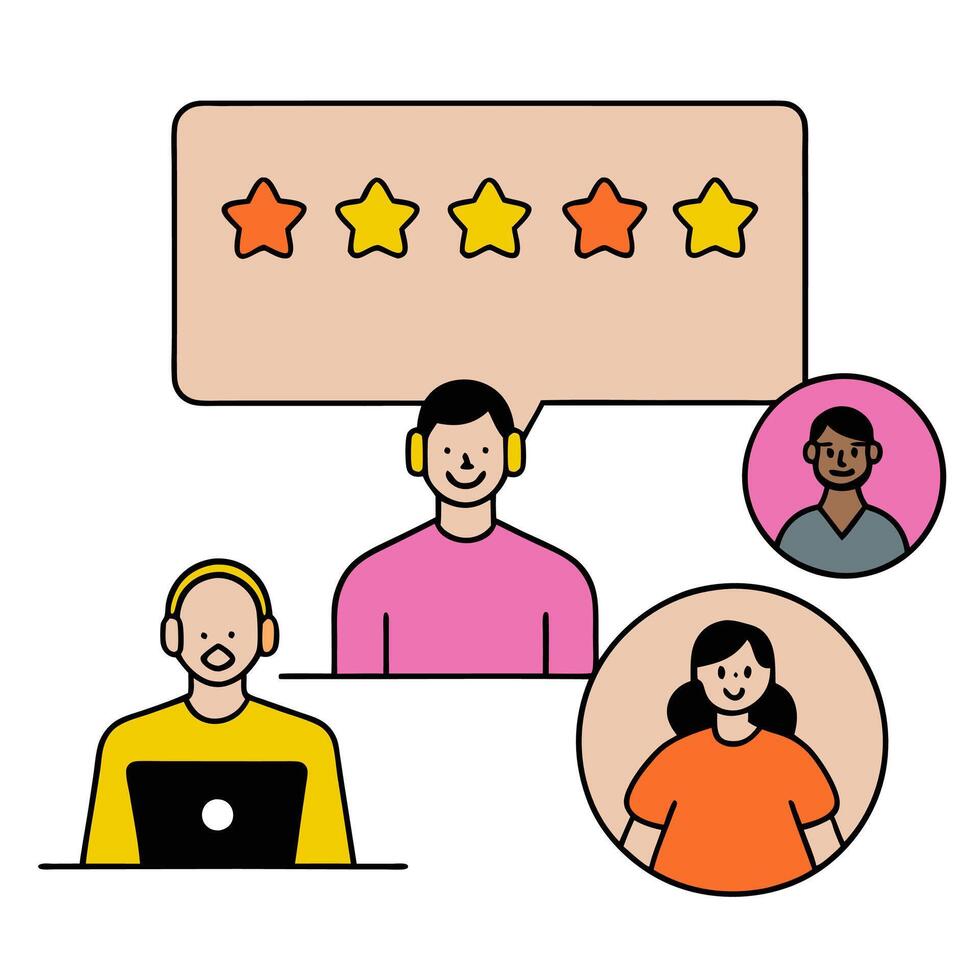 Customer service team conducting a hybrid feedback session concept as A customer service team conducting a hybrid feedback session with onsite and remote agents vector