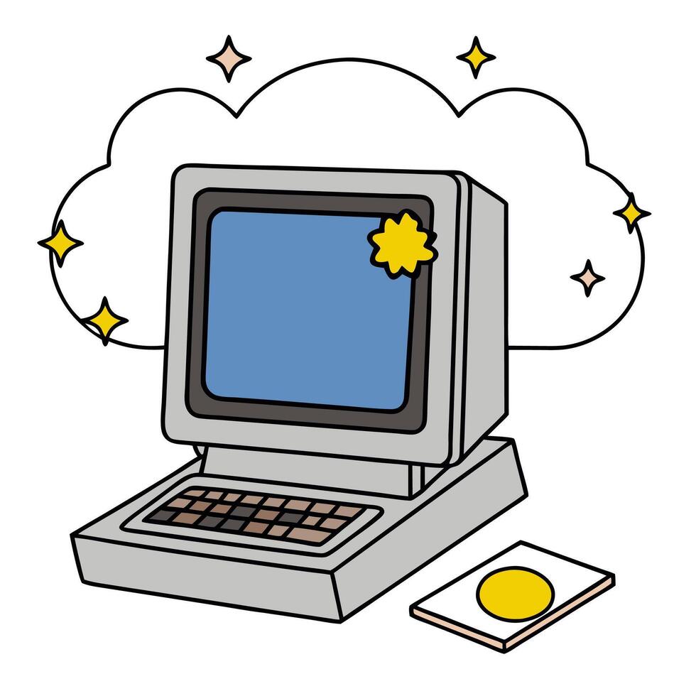 CRT Monitor with Obsolete Certificate and Vintage Keyboard concept as A CRT monitor with an obsolete certificate and vintage keyboard set against a dreamy backgr vector