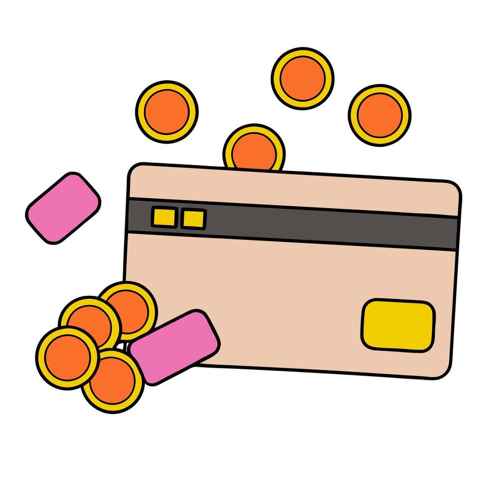 Credit Card and Digital Coins concept as A credit card placed among digital coins with ample copy space. in Photo Stock Concept vector