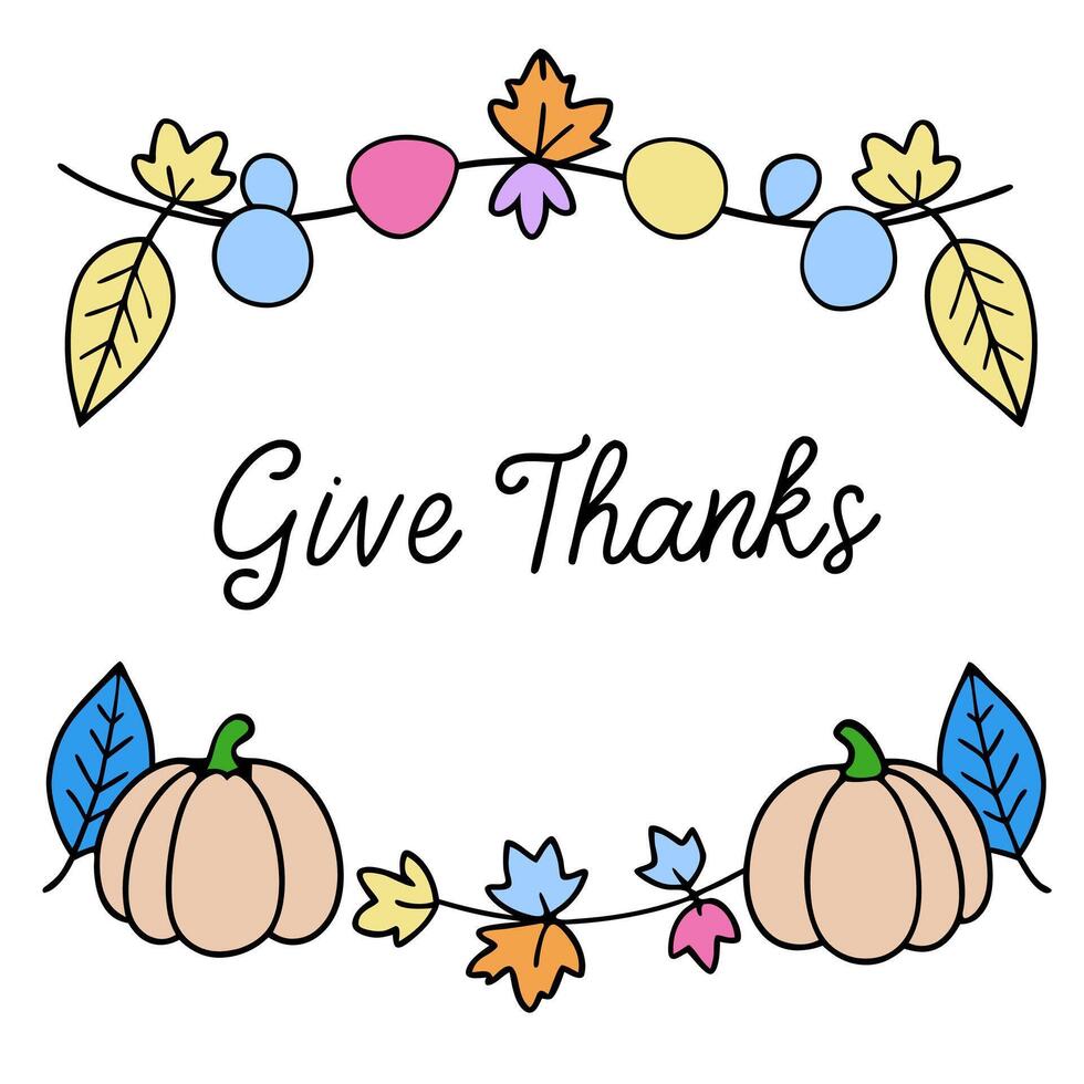 Autumn Garland Border with Gourds and Give Thanks Wording concept as A beautifully designed border frame featuring an autumn garland made of gourds leaves and be vector