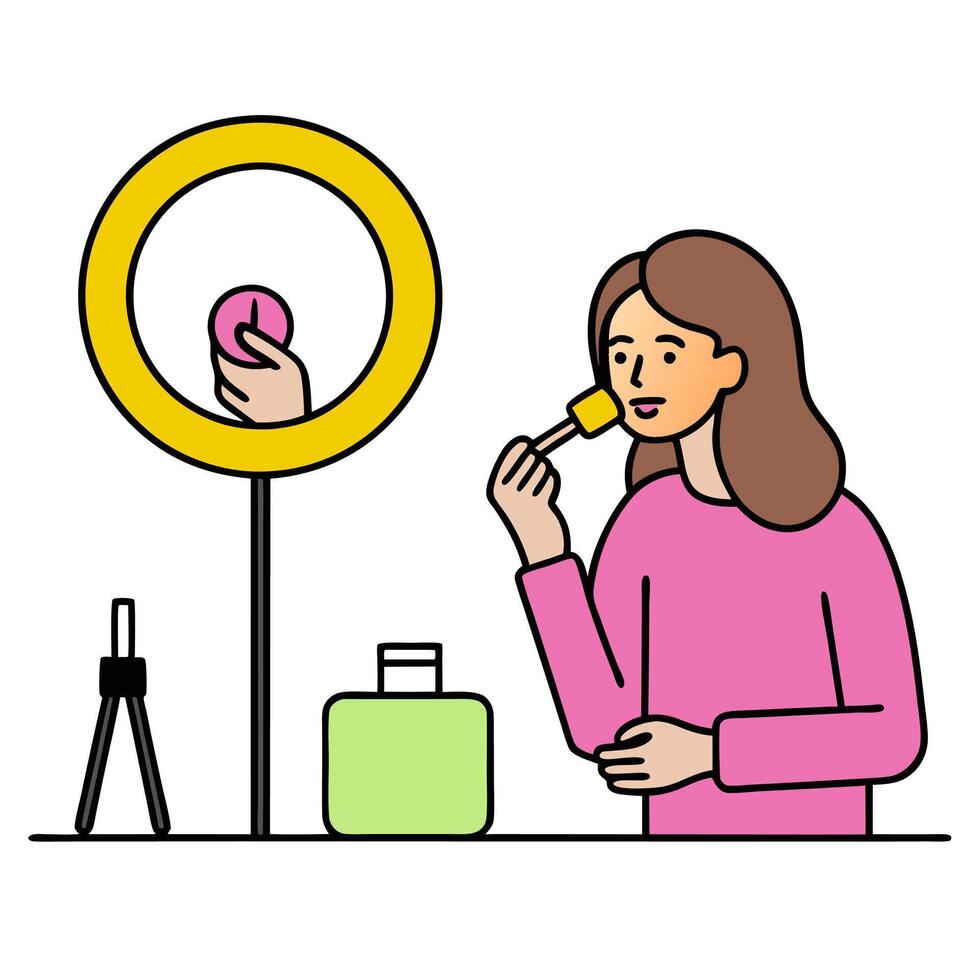 Beauty Influencer Reviewing Lip Gloss with Ring Light in Home Studio with Copy Space concept as Wide shot of a beauty influencer reviewing a lip gloss product un vector