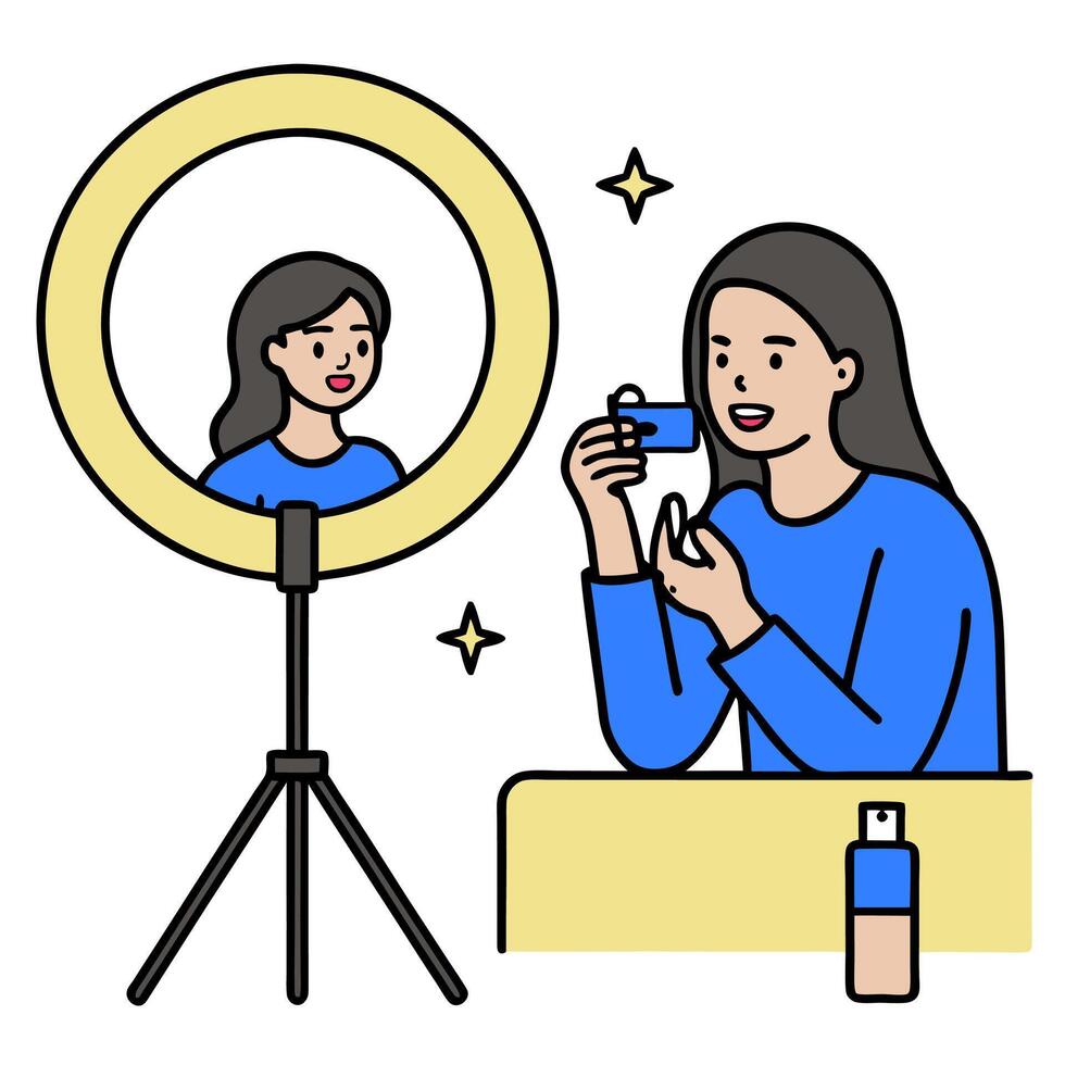 Beauty Influencer Reviewing Lip Gloss with Ring Light in Home Studio with Copy Space concept as Wide shot of a beauty influencer reviewing a lip gloss product un vector