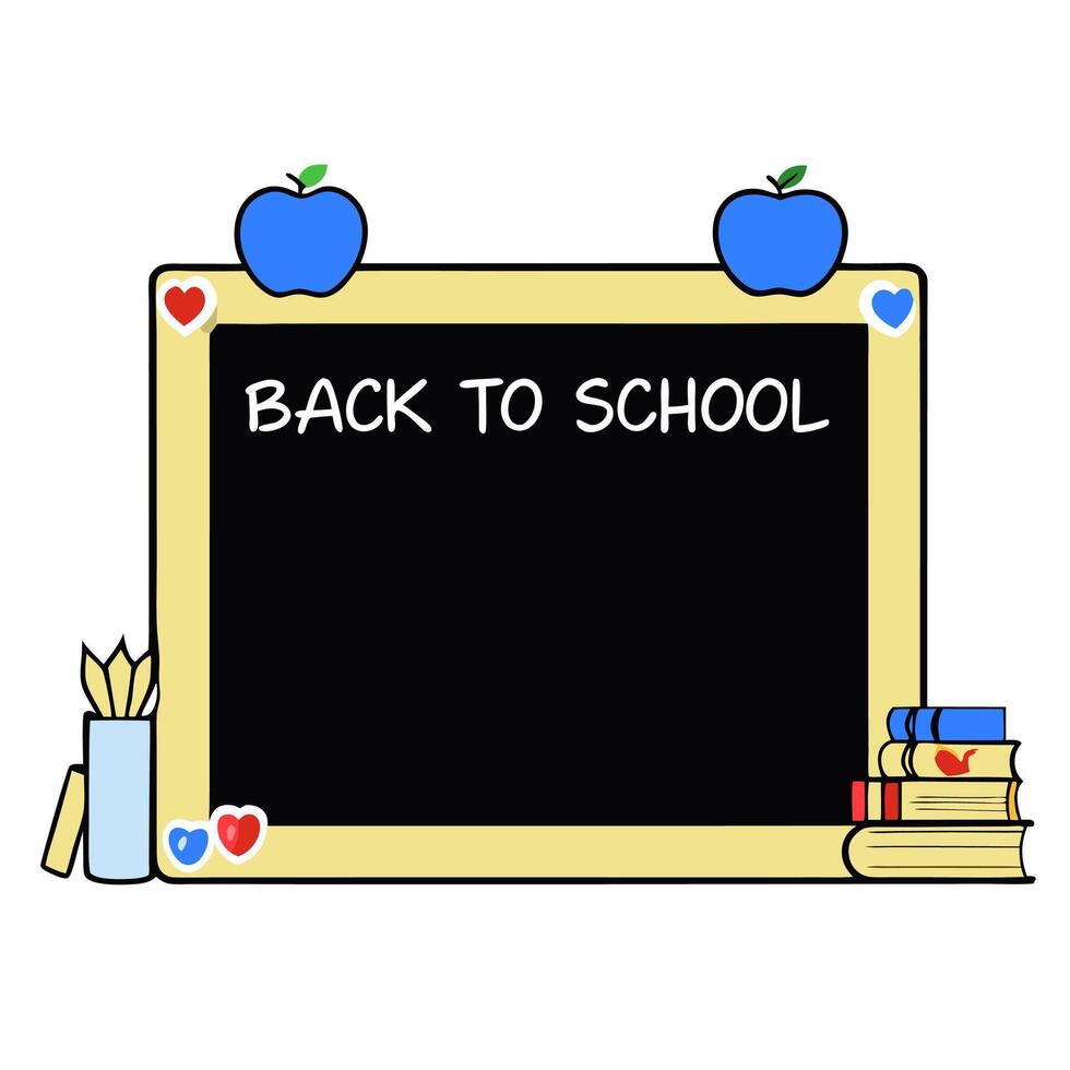 Classroom Chalkboard Border with Books and Back to School Wording concept as A charming border frame featuring a classroom chalkboard stacks of books and apples. vector