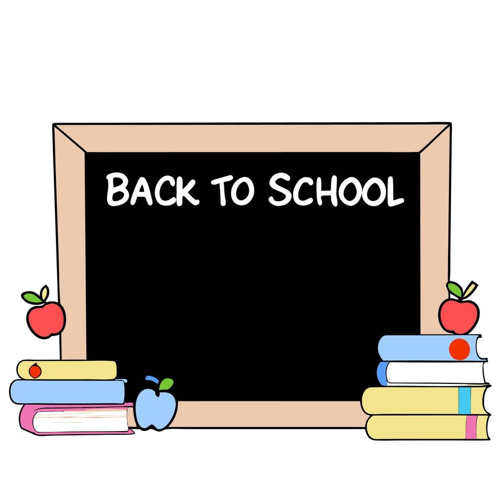 Classroom Chalkboard Border with Books and Back to School Wording concept as A charming border frame featuring a classroom chalkboard stacks of books and apples. vector