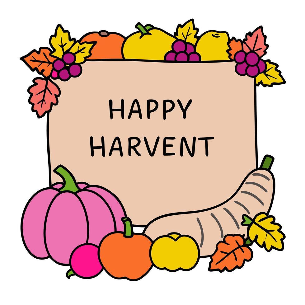 Cornucopia Border with Fruits and Happy Harvest Wording concept as A vibrant border frame featuring a cornucopia overflowing with fruits vegetables and autumn le vector