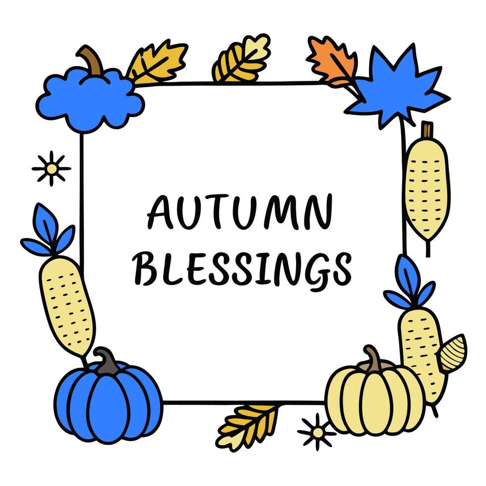 Harvest Bounty Border with Corn and Autumn Blessings Wording concept as An intricately illustrated border frame featuring a harvest bounty of corn pumpkins and a vector