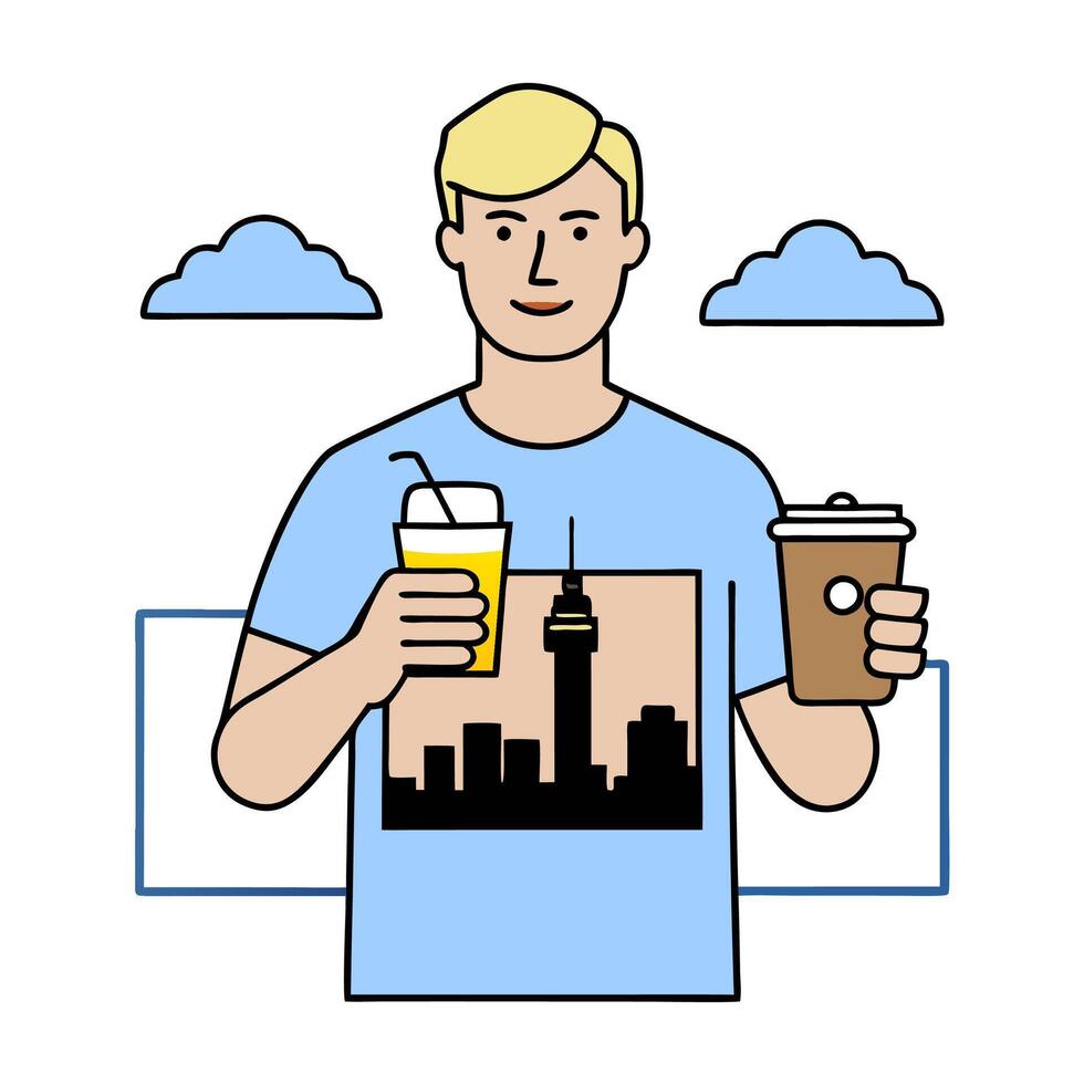 Individual with a Atlanta cityscape smartphone and coffee overlay symbolizing modern southern city life in double exposure with copy space. concept as An individ vector