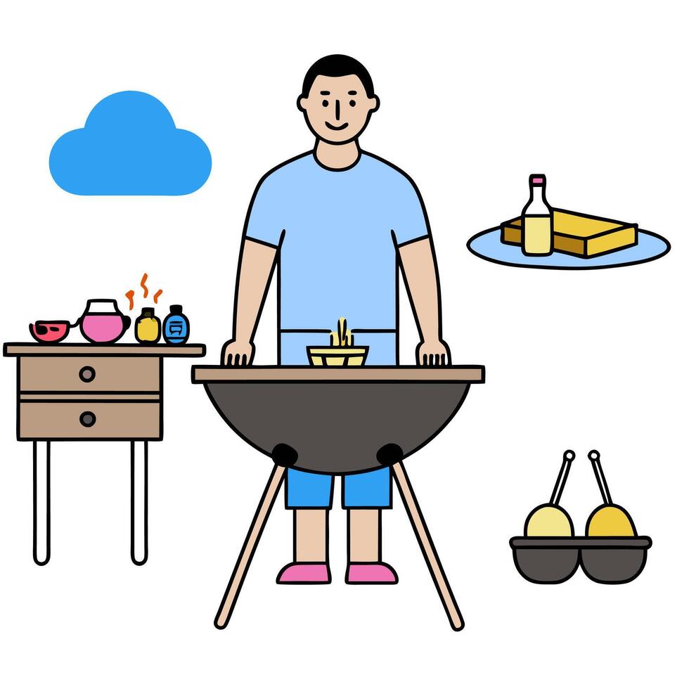 Individual with a barbecue grill picnic table and outdoor toys overlay symbolizing American family outdoor life in double exposure with copy space. concept as An vector