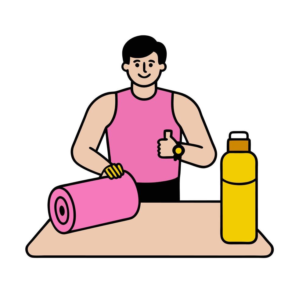 Individual with a fitness tracker water bottle and yoga mat overlay symbolizing wellness focused modern living in double exposure with copy space. concept as An vector