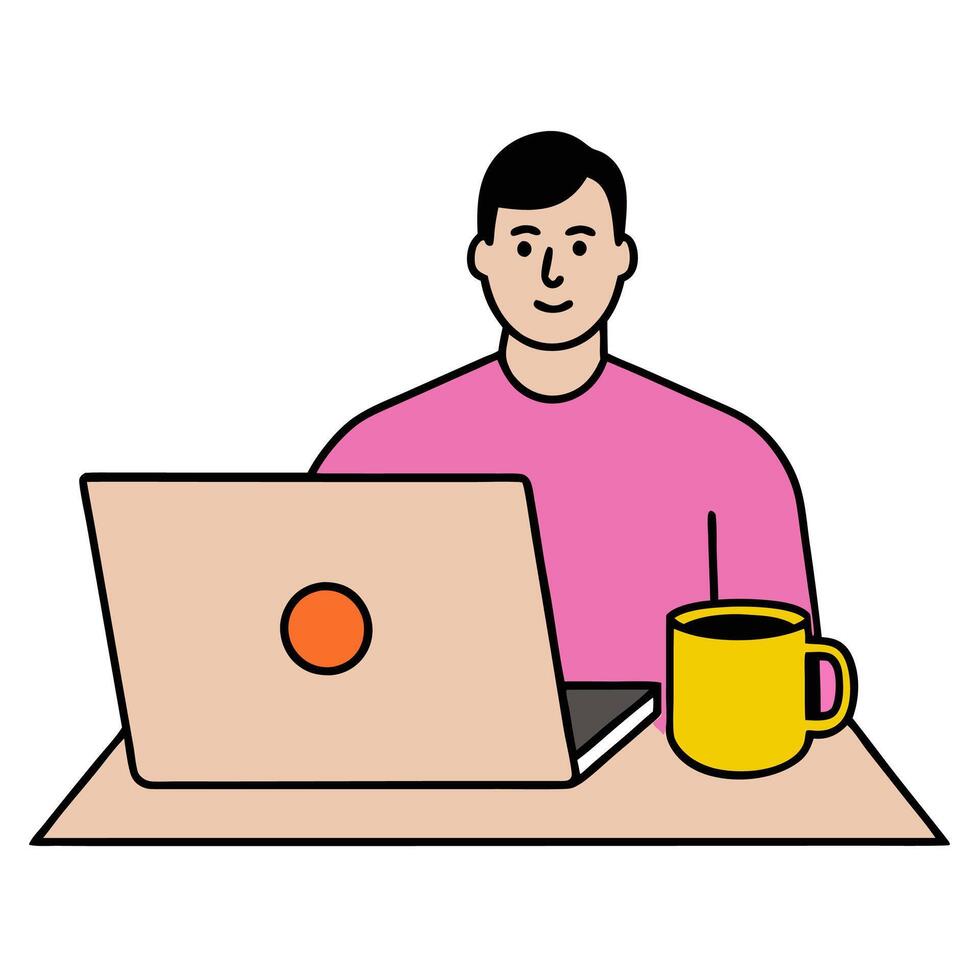 Individual with a home office laptop and coffee mug overlay symbolizing American suburban remote work in double exposure with copy space. concept as An individua vector