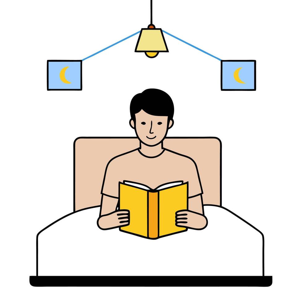 Individual with a smart lighting system modern bedroom and book overlay symbolizing tech enhanced relaxation in double exposure with copy space. concept as An in vector