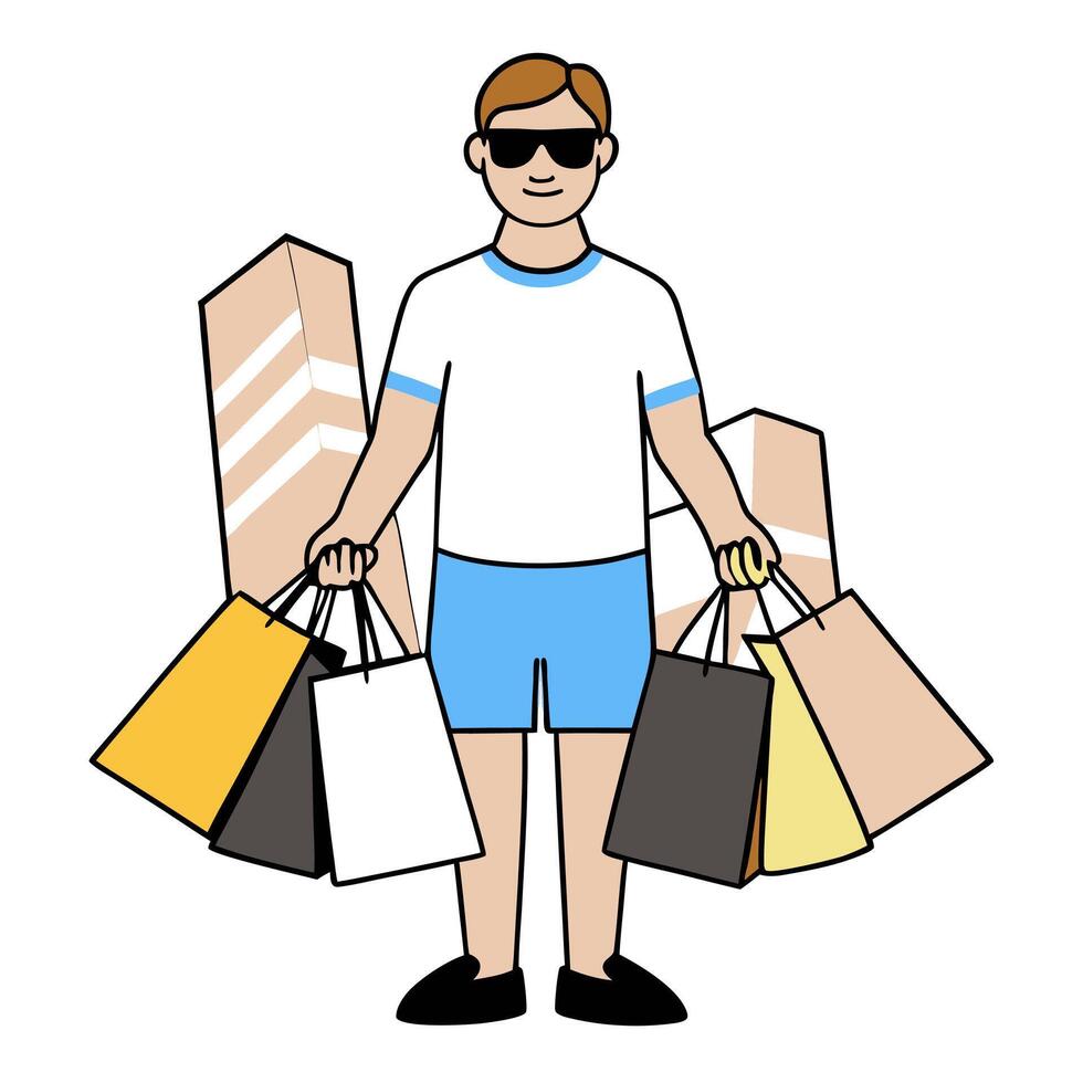 Individual with a Los Angeles street view sunglasses and shopping bags overlay symbolizing leisure city life in double exposure with copy space. concept as An in vector