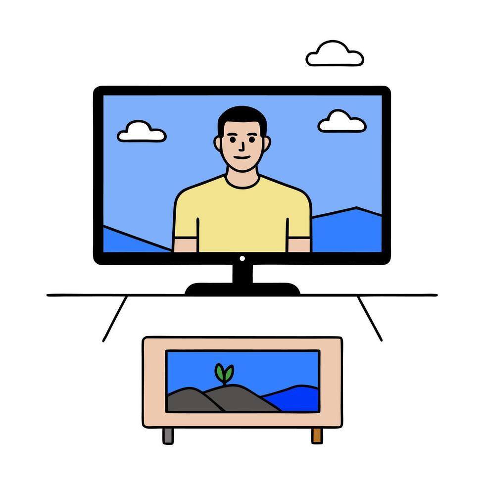 Individual with a streaming device smart TV and living room overlay symbolizing modern digital entertainment in double exposure with copy space. concept as An in vector