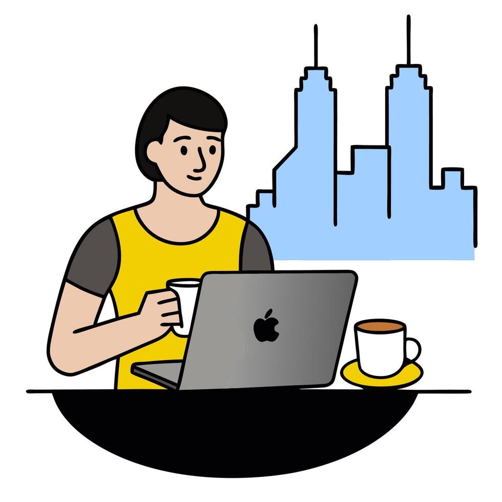 Individual with notebook coffee and city skyline overlay symbolizing American urban workspace in double exposure with copy space. concept as An individual blende vector