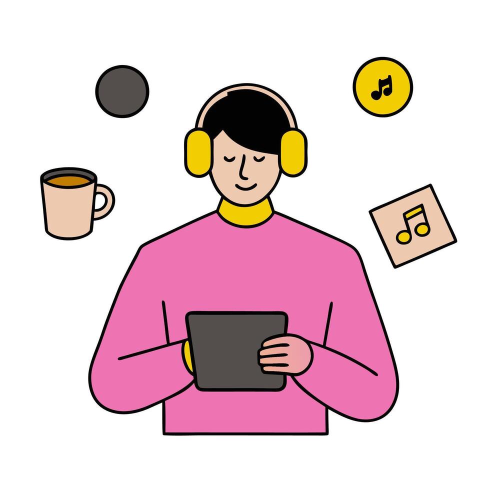 Individual with headphones tablet and coffee cup overlay symbolizing American digital nomad lifestyle in double exposure with copy space. concept as An individua vector