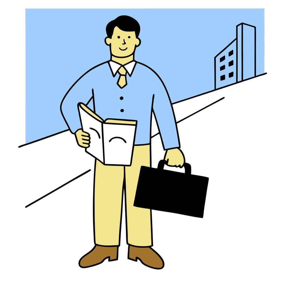 Individual with briefcase newspaper and city street overlay symbolizing American commuting lifestyle in double exposure with copy space. concept as An individual vector
