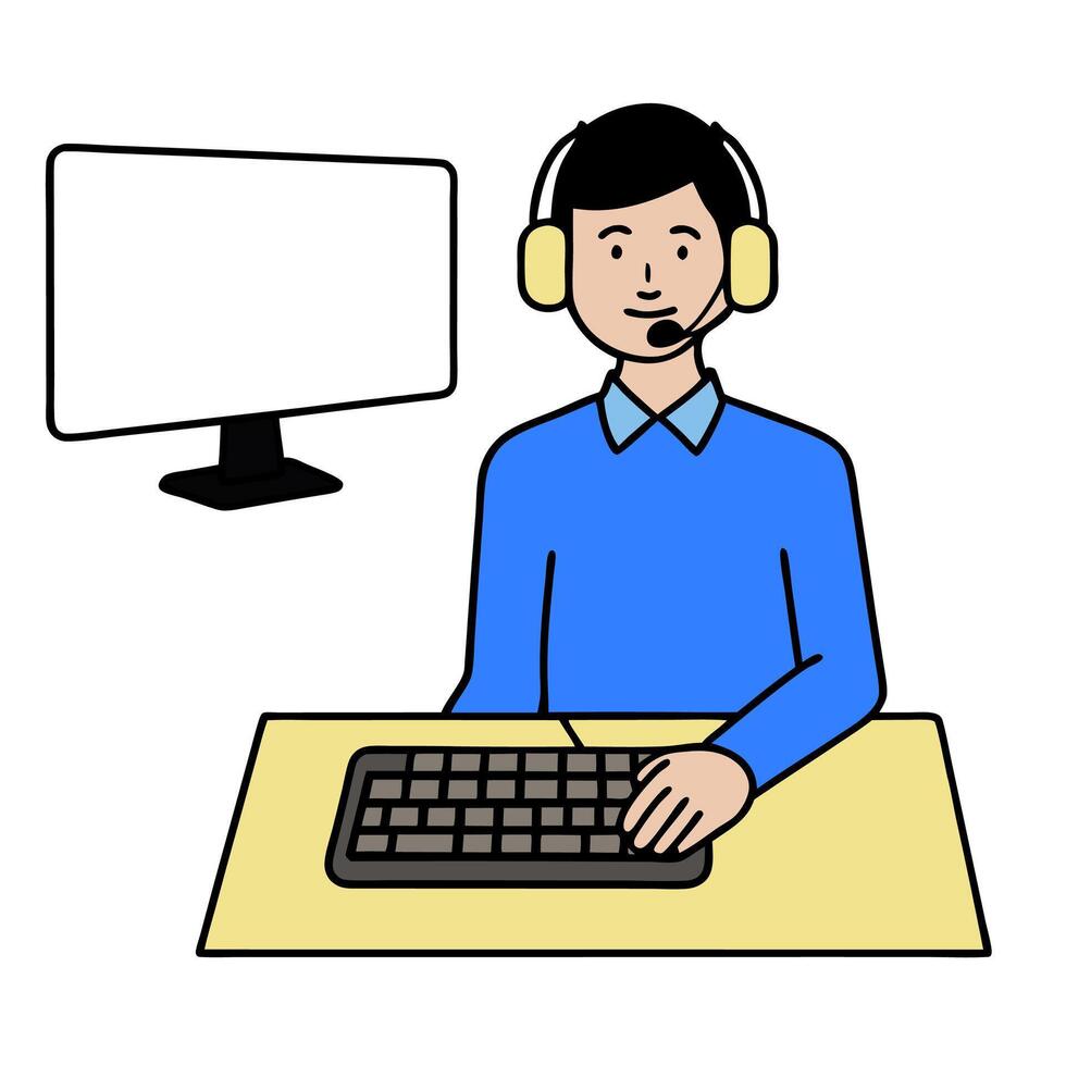 Individual with headset keyboard and monitor overlay symbolizing American tech focused workday in double exposure with copy space. concept as An individual blend vector