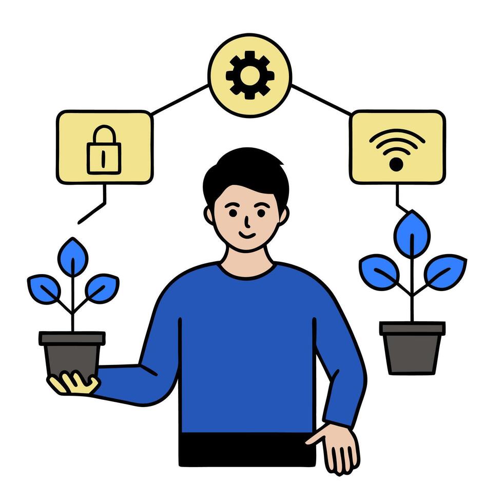 Individual with smart lighting system and tech overlay symbolizing energy efficient smart living in double exposure with copy space. concept as An individual ble vector