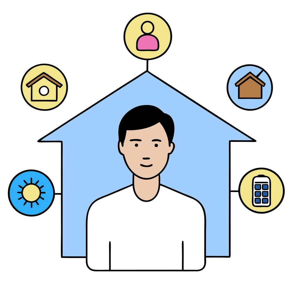 Individual with smart lighting system and tech overlay symbolizing energy efficient smart living in double exposure with copy space. concept as An individual ble vector