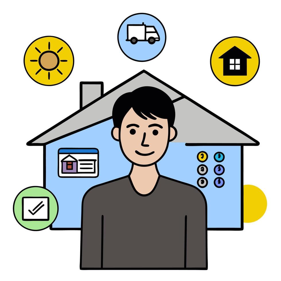 Individual with smart lighting system and tech overlay symbolizing energy efficient smart living in double exposure with copy space. concept as An individual ble vector
