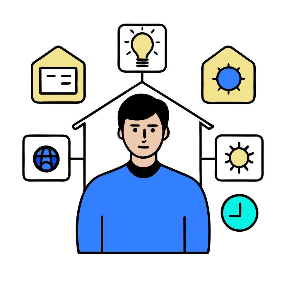 Individual with smart lighting system and tech overlay symbolizing energy efficient smart living in double exposure with copy space. concept as An individual ble vector