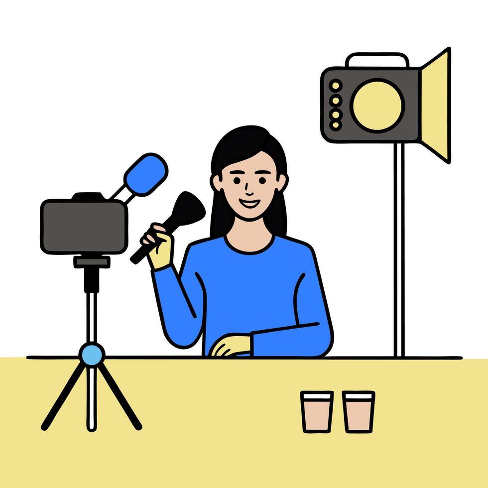 Makeup Artist Demonstrating Eyeshadow Palette in Studio with Copy Space concept as Wide shot of a makeup artist demonstrating an eyeshadow palette in a professio vector