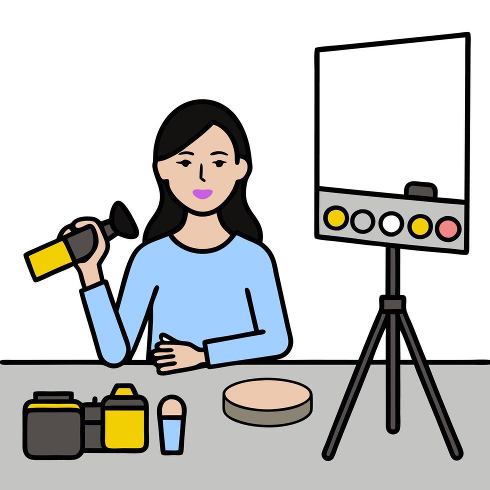 Makeup Artist Demonstrating Eyeshadow Palette in Studio with Copy Space concept as Wide shot of a makeup artist demonstrating an eyeshadow palette in a professio vector